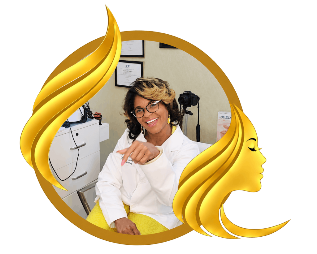 Smiling trichology practitioner framed by a gold flowing-hair emblem.